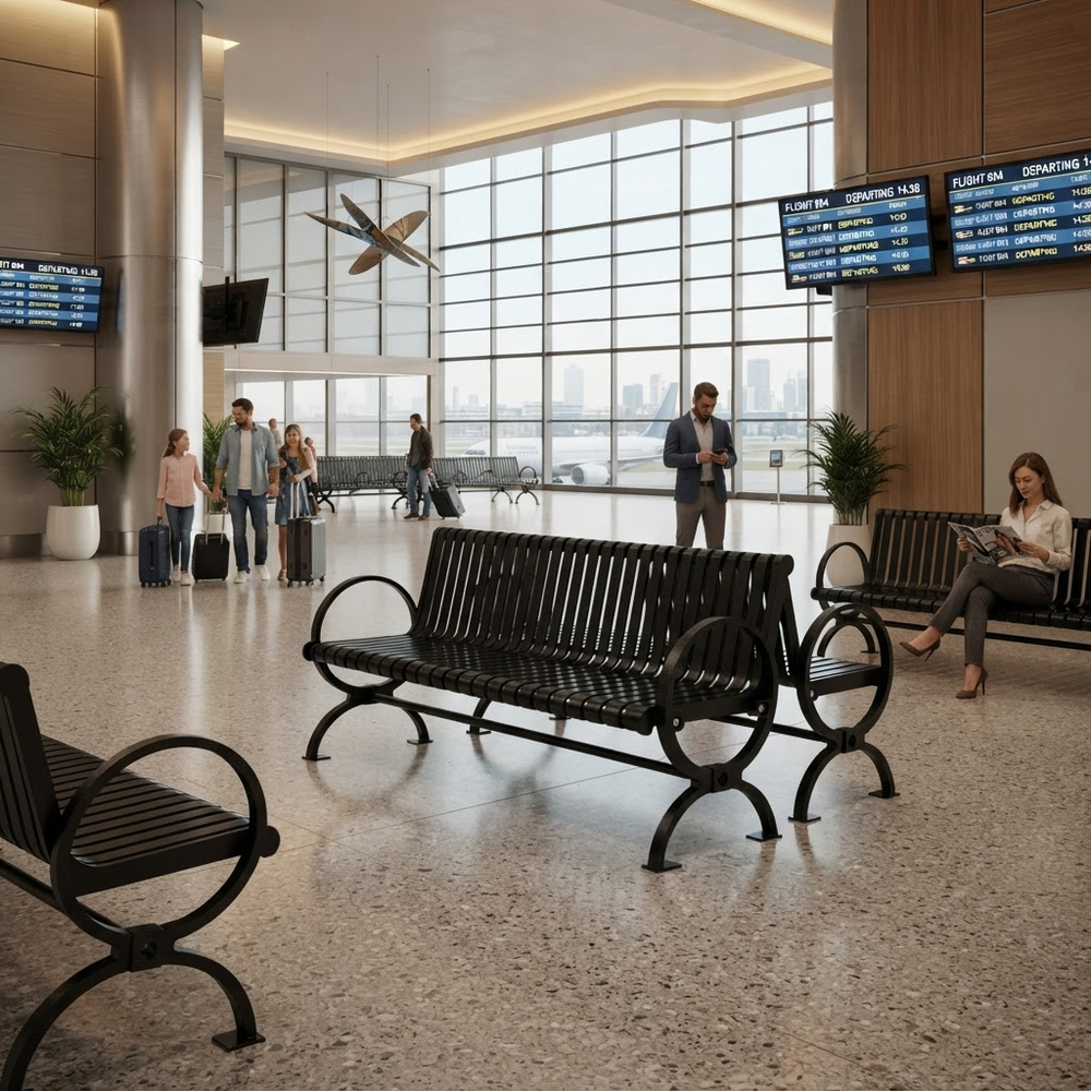 Airport terminal interior with black metal waiting benches, large floor-to-ceiling windows, departure boards, and several people seated or standing in the space.