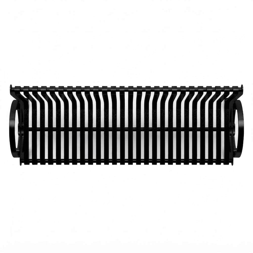 A black metal grill grate with vertical slats and circular side supports, shown against a plain white background.