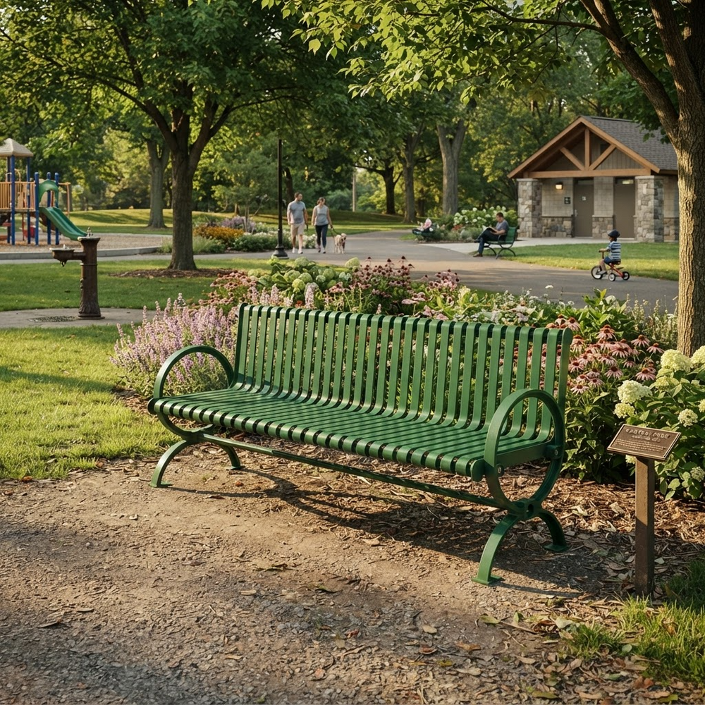 A green metal park bench sits on a gravel path in a sunny, tree-lined public park with flower beds, a small pavilion, and distant people walking and playing.