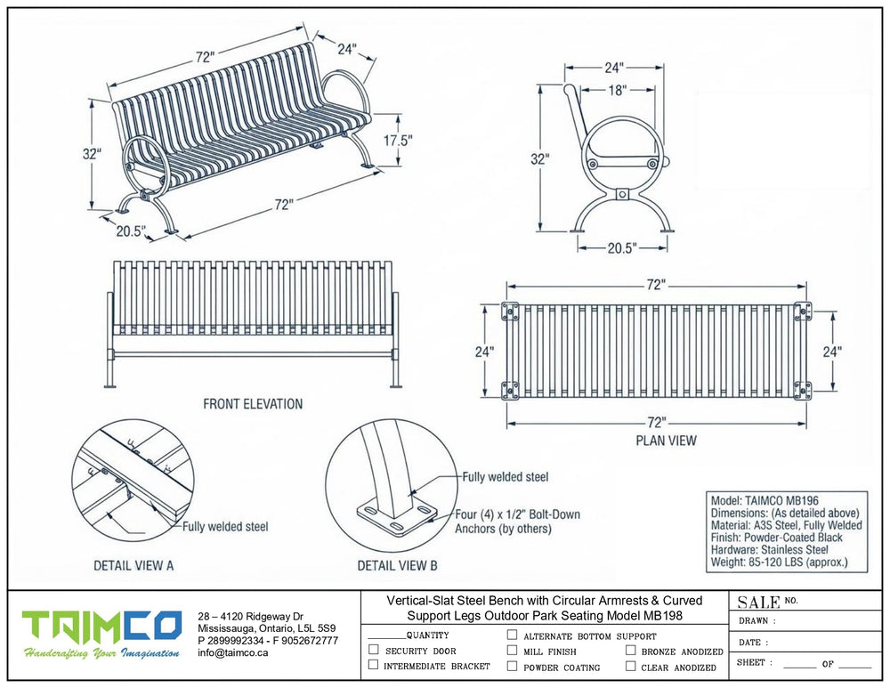 Technical drawing and specification sheet for a vertical-slatted steel bench with circular armrests and curved legs, showing front elevation, plan view, detail views, and material/finish information on a white background.
