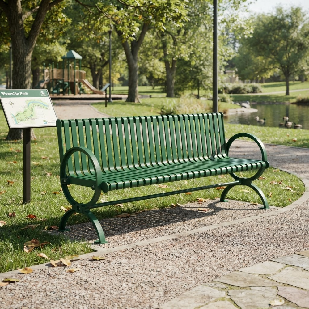 A green metal park bench sits on a gravel path in a sunny park with trees, grass, and a pond in the background. A small signpost is visible to the left.