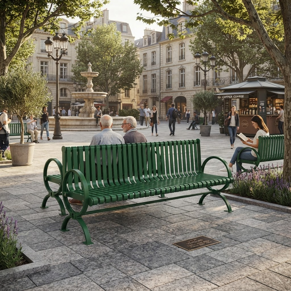 A green slatted park bench in a paved public square, with people sitting and walking around in a real urban environment. Trees, buildings, a fountain, and a kiosk are visible in the background.