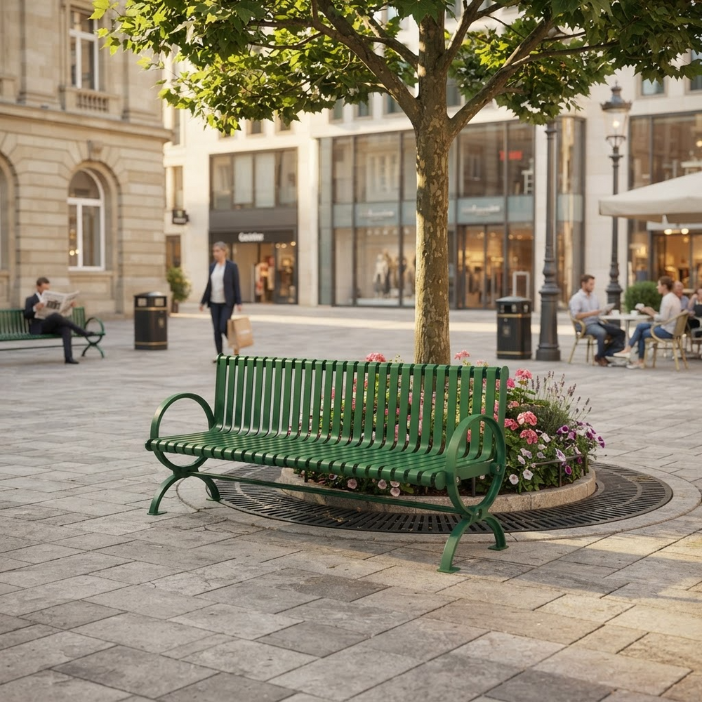 A green metal park bench situated outdoors in a paved public square, positioned beneath a leafy tree with a small flower bed at its base. Pedestrians and other benches are visible in the background of the urban plaza.
