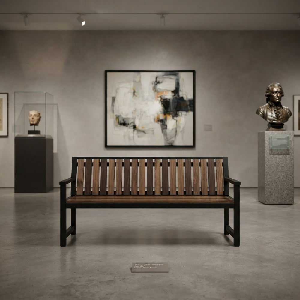 A modern wooden slat bench with a black metal frame is centered in a minimalist gallery space with a gray concrete floor, a large abstract painting on the wall, and bronze busts on display pedestals.