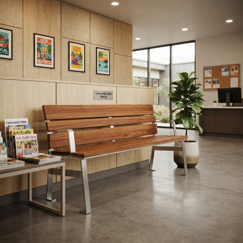 A modern wooden slat bench with silver metal legs in a clean indoor lobby or waiting area, with framed wall art, a small table, a potted plant, and a reception desk visible in the background.