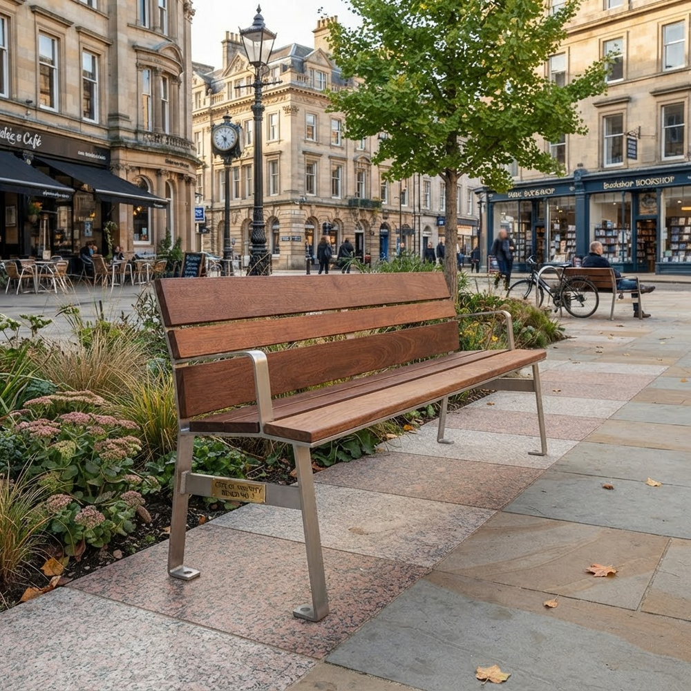 A modern wooden park bench with a brown slatted seat and backrest, supported by silver metal legs, situated on a paved city sidewalk in an urban plaza with buildings, a tree, and storefronts in the background.