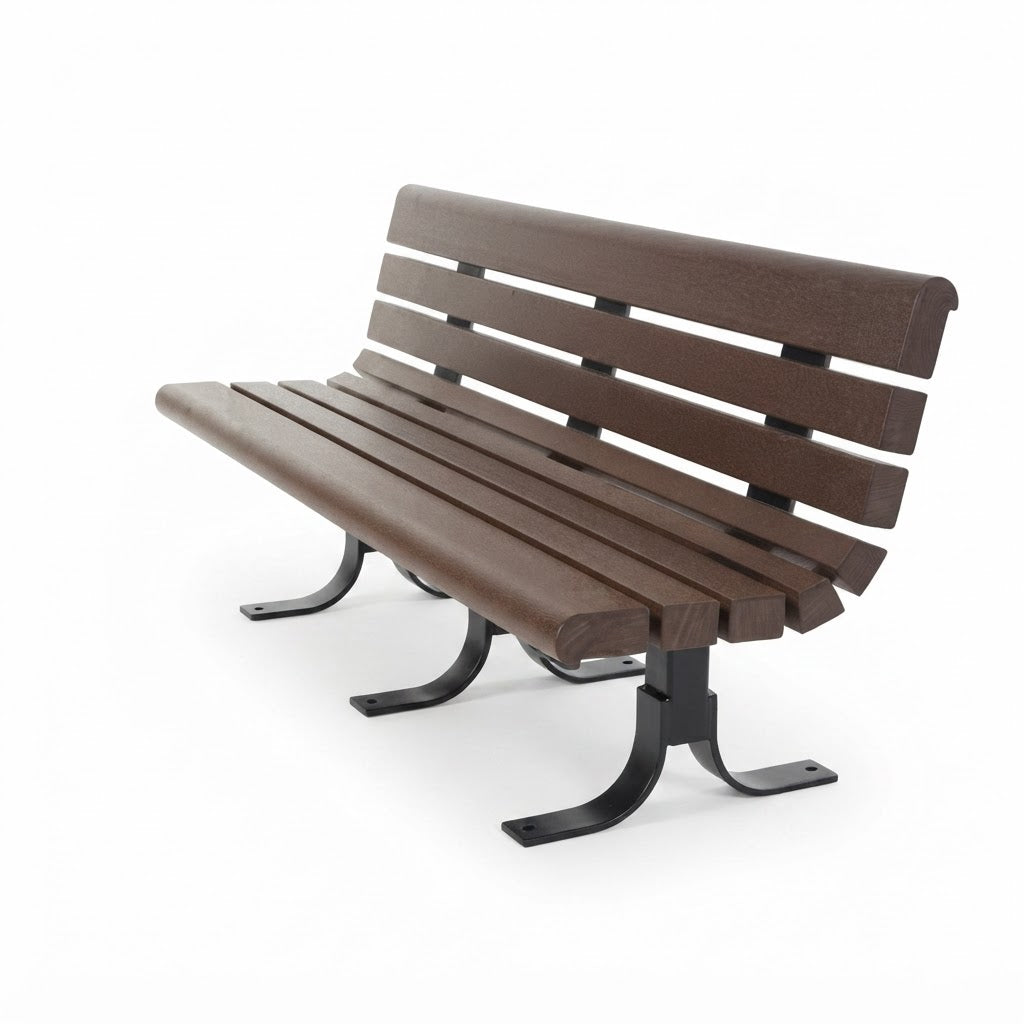A modern park bench with dark brown wooden slats and black metal legs, shown from a three-quarters angle on a white background.