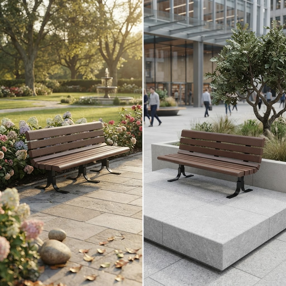 A split-screen view showing a brown slatted outdoor bench in two real-world settings: a park garden on the left and a modern plaza with pedestrians on the right.