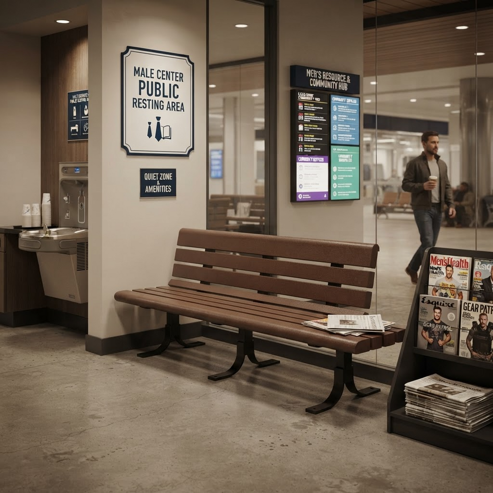 A wooden public bench with black metal legs sits in a modern indoor public space with glass walls, signage, a water dispenser, and a man walking in the background.