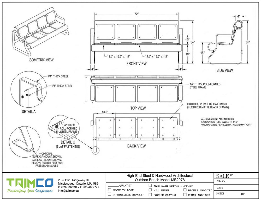 Technical drawing and dimension schematic of an outdoor bench model, showing front, side, top, and back views with measurements, plus detail callouts and a Taimco logo at the bottom.