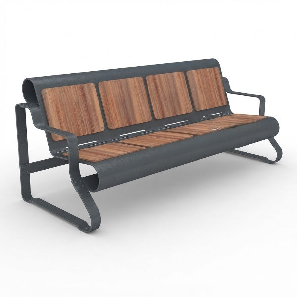 A modern three-seat bench with a dark gray metal frame and brown wood-look slatted backrest and seat, shown on a light gray background.