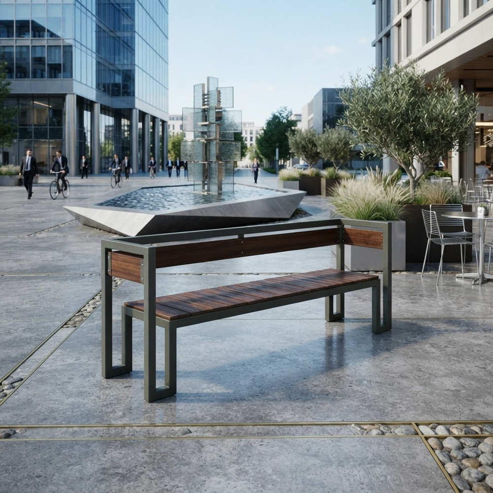 A modern outdoor bench with a dark brown wood slat seat and backrest, supported by a dark gray metal frame, situated in a contemporary urban plaza with a fountain and glass buildings in the background.