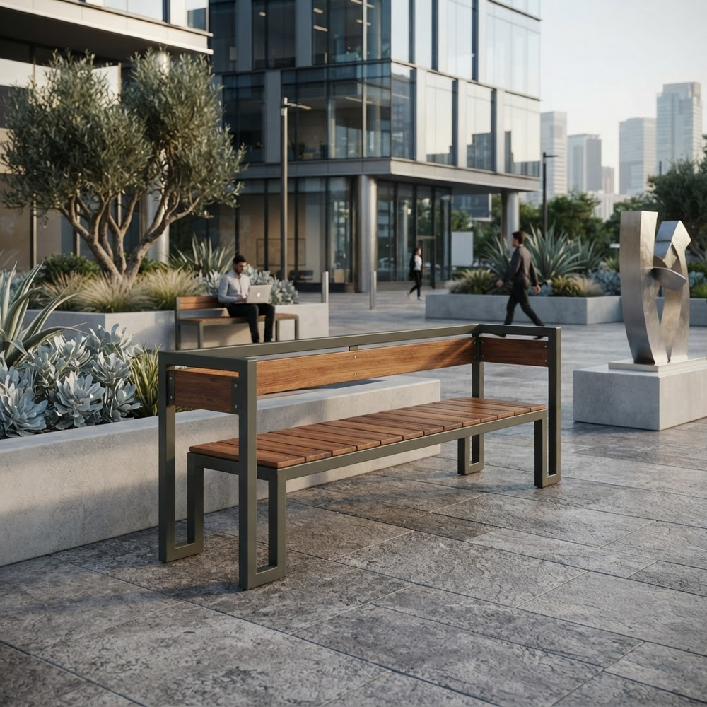 A modern outdoor park bench with a dark metal frame and brown wooden slats, situated in a contemporary urban plaza with glass buildings, plants, and a few people in the background.