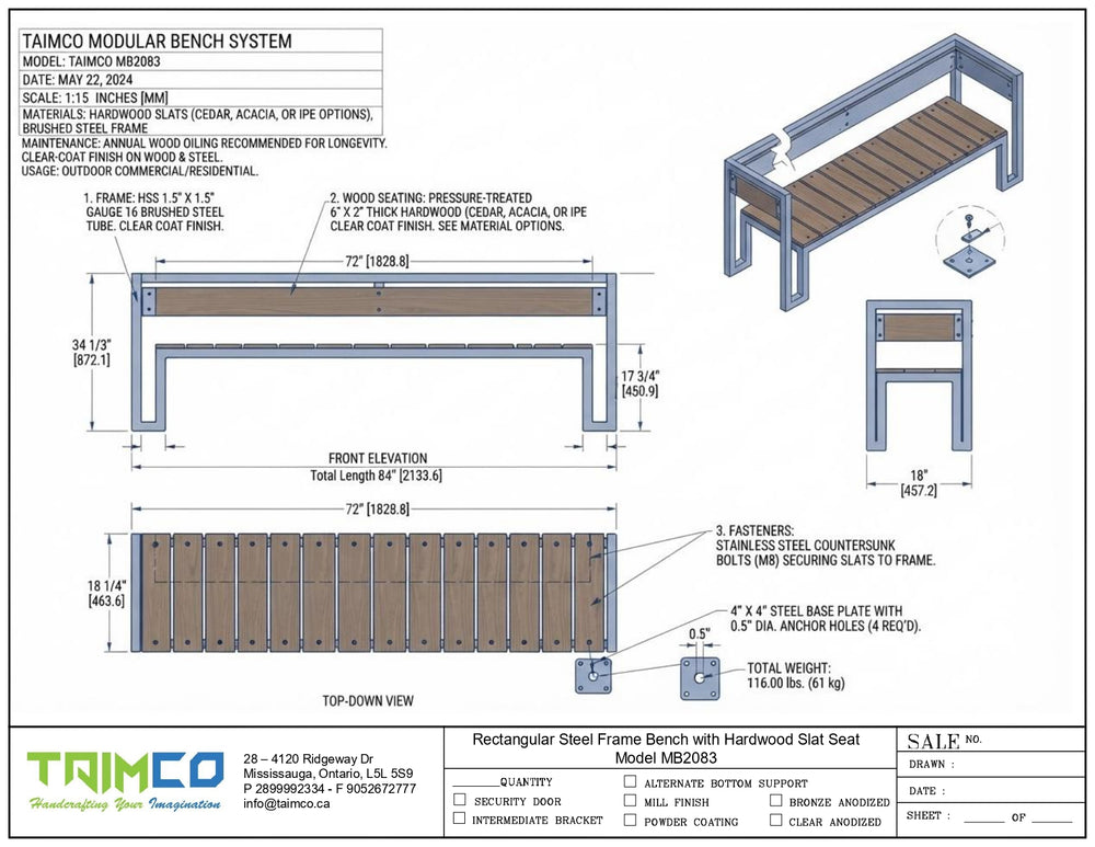 Technical specification sheet and dimension drawing for the Taimco Modular Bench System, showing front elevation, top-down view, and material details for a rectangular steel frame bench with a hardwood seat slat.