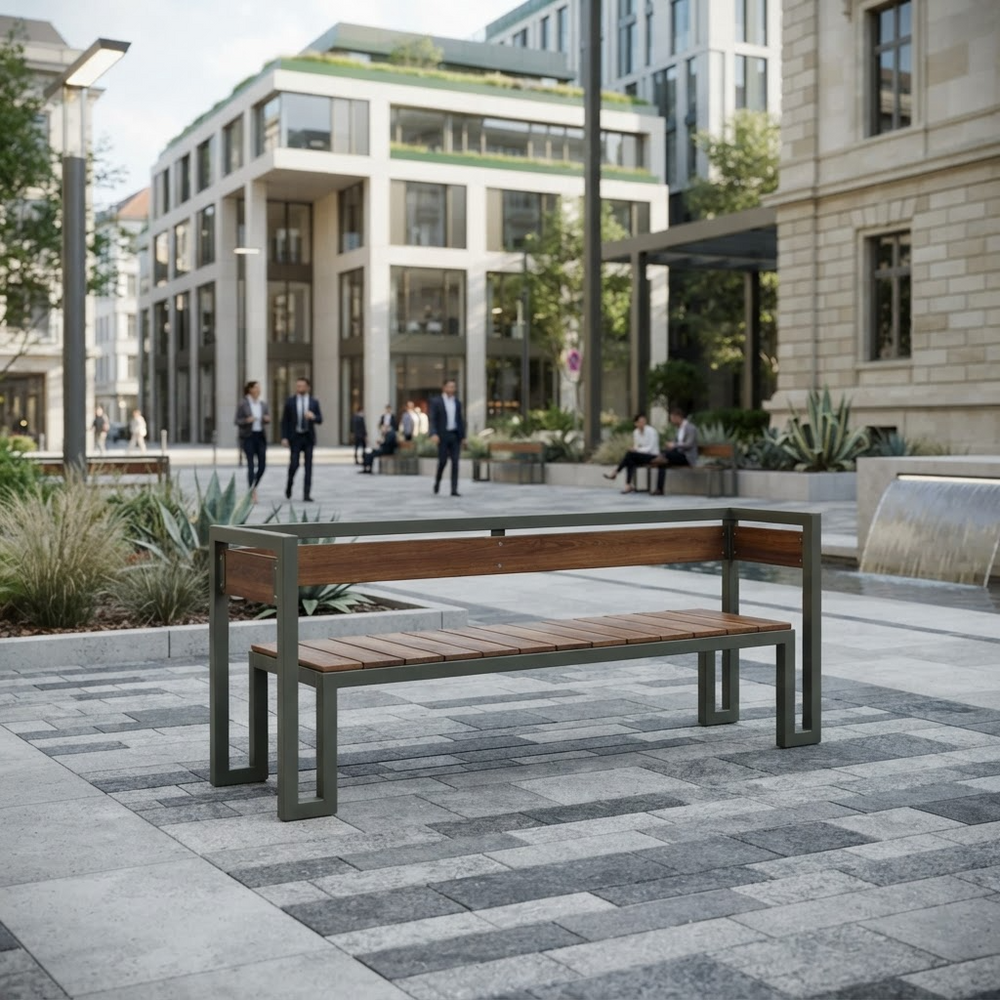 A modern outdoor wooden bench with a dark metal frame sits on a paved plaza in a city setting, with buildings, people, and landscaping visible in the background.
