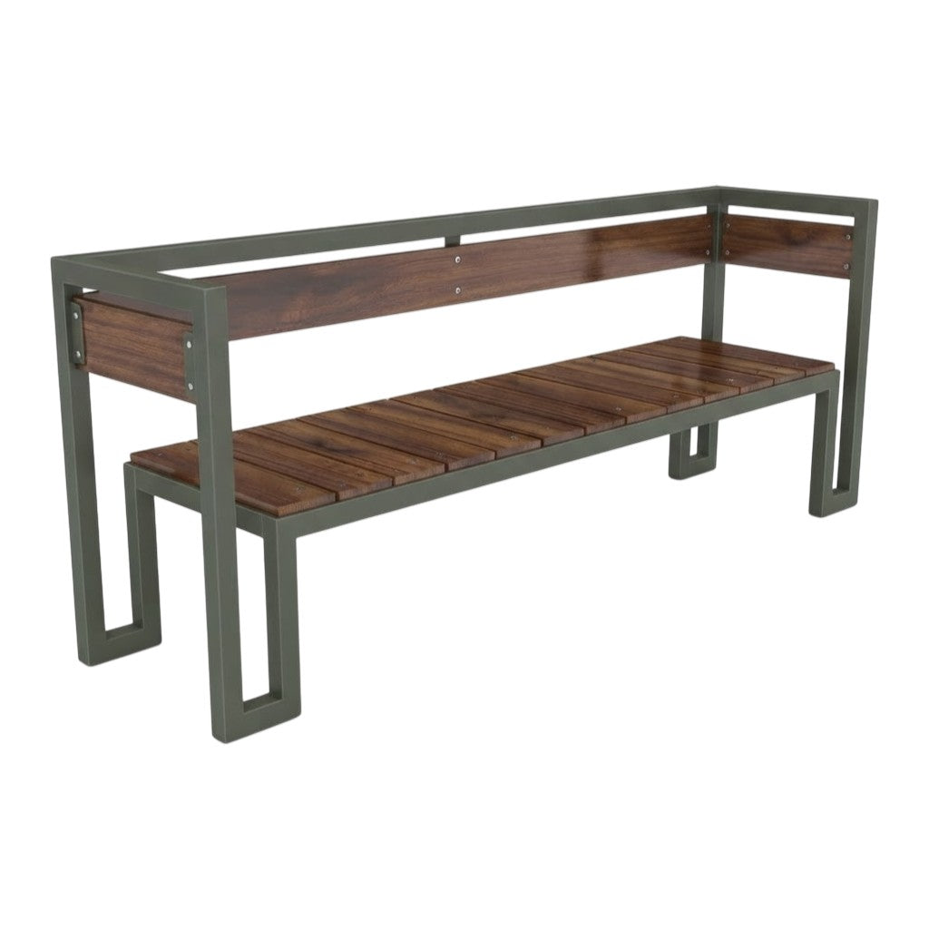 A modern outdoor bench with a dark brown wooden slatted seat and backrest, supported by a dark gray metal frame, shown on a plain white background.