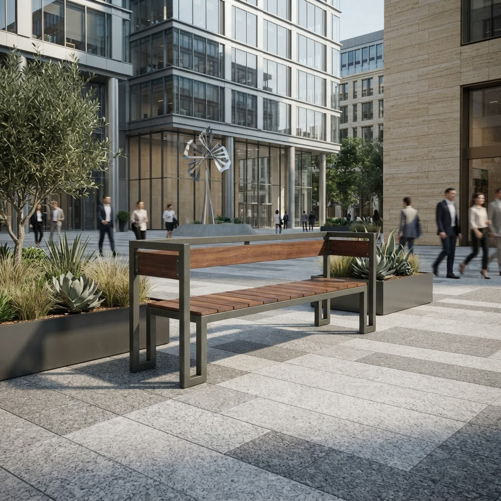A modern outdoor park bench with a brown wooden seat and backrest and a dark gray metal frame, situated in a paved urban plaza with people walking and glass buildings in the background.