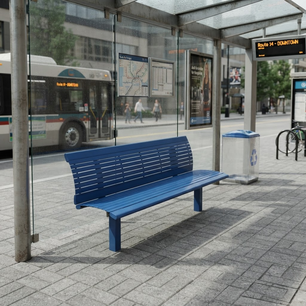 A blue slatted bench at a city bus stop with a glass shelter, street scene, bus, and trash can in the background.