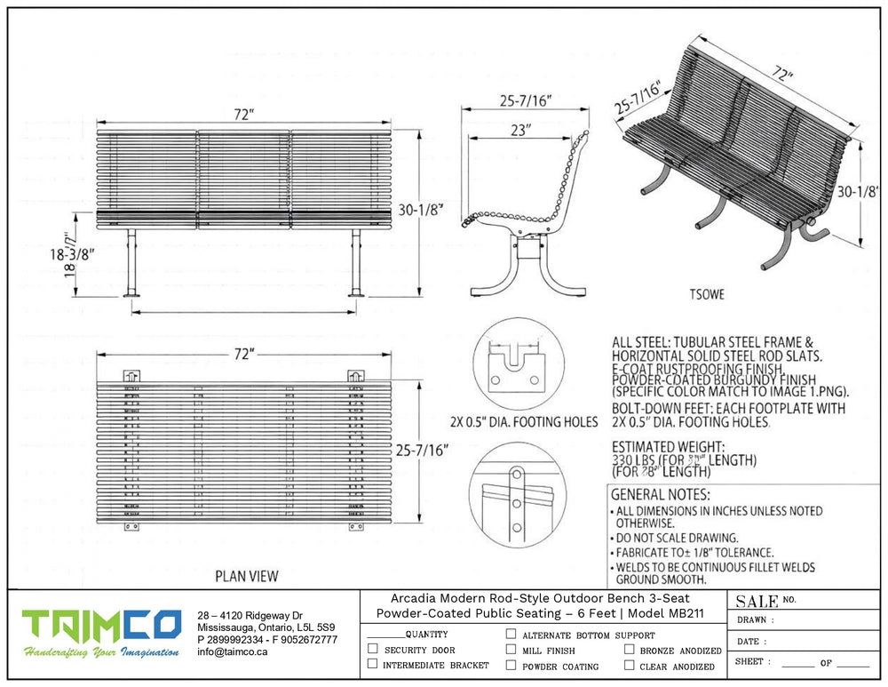 Technical specification sheet and dimension drawing for the Arcadea Modern Rod-Style Bench 3-Seater by Taimco, showing plan views, elevations, and a perspective view with measurements and material details.