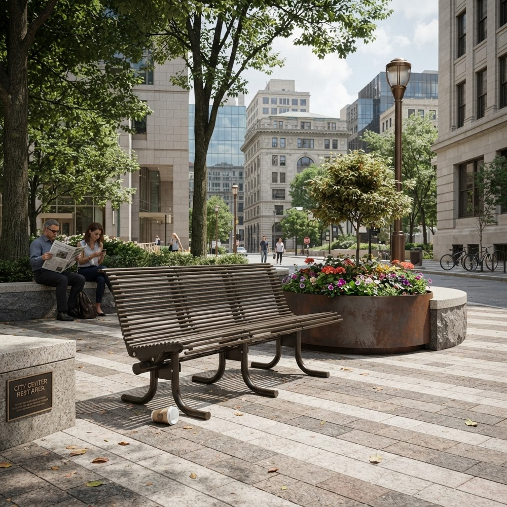 A modern wooden park bench with curved black metal legs sits on a paved plaza in an urban city setting. Two people are seated on a stone bench in the background under tall trees, with flower planters, buildings, and a street scene visible.