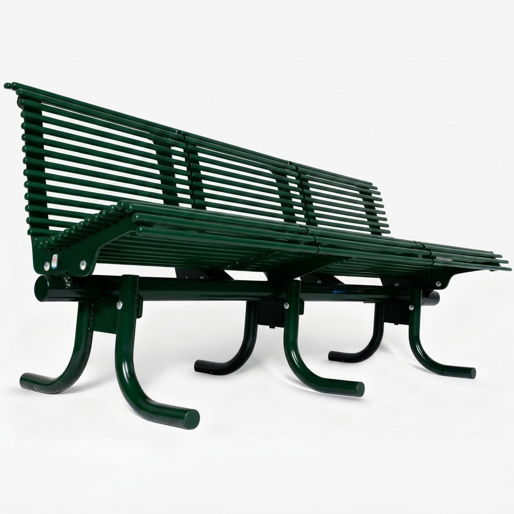 A dark green metal park bench with a slatted back and seat, supported by curved legs, shown on a light gray studio background.