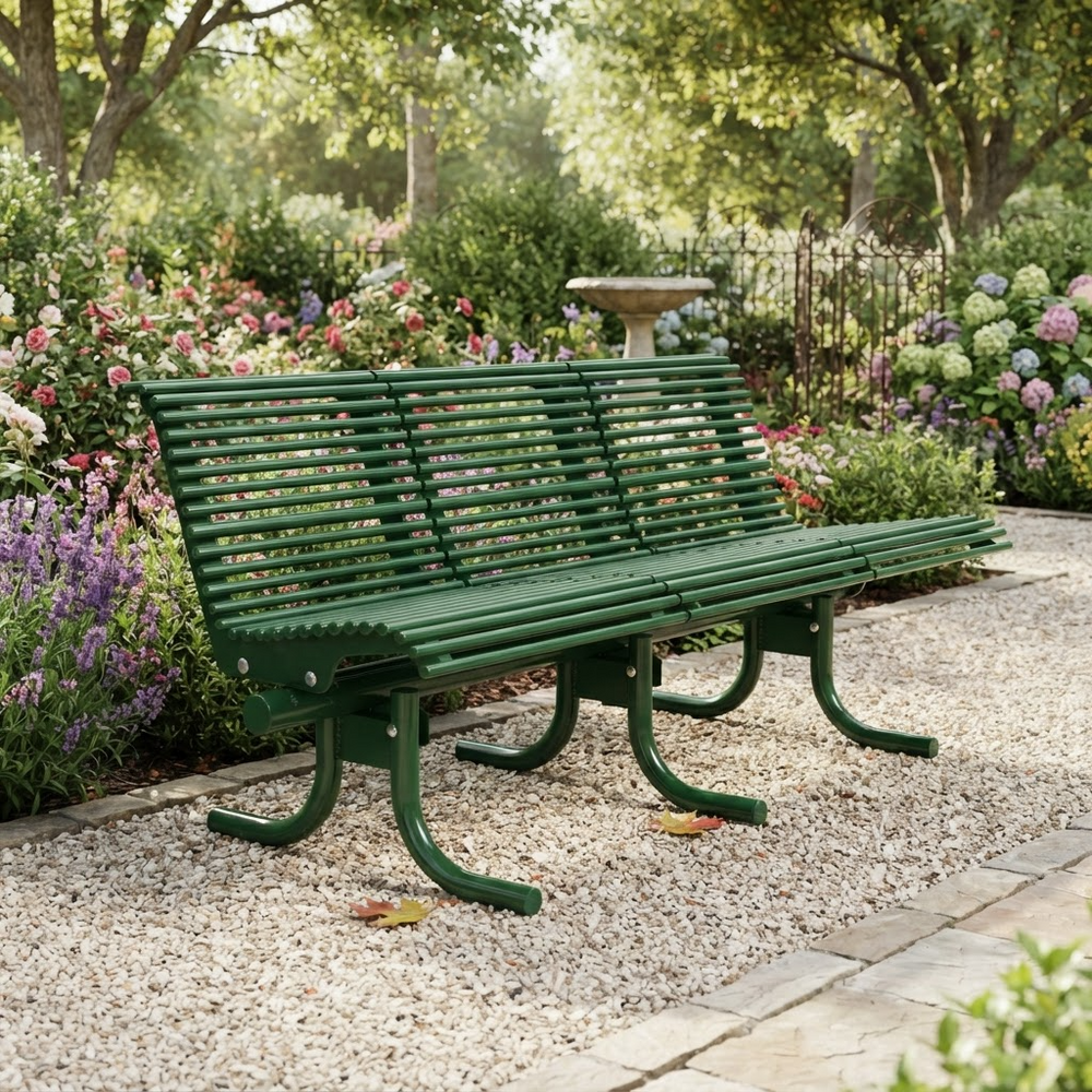 A green metal park bench with a slatted back and seat, placed on a gravel path in a landscaped garden with flowers and trees in the background.