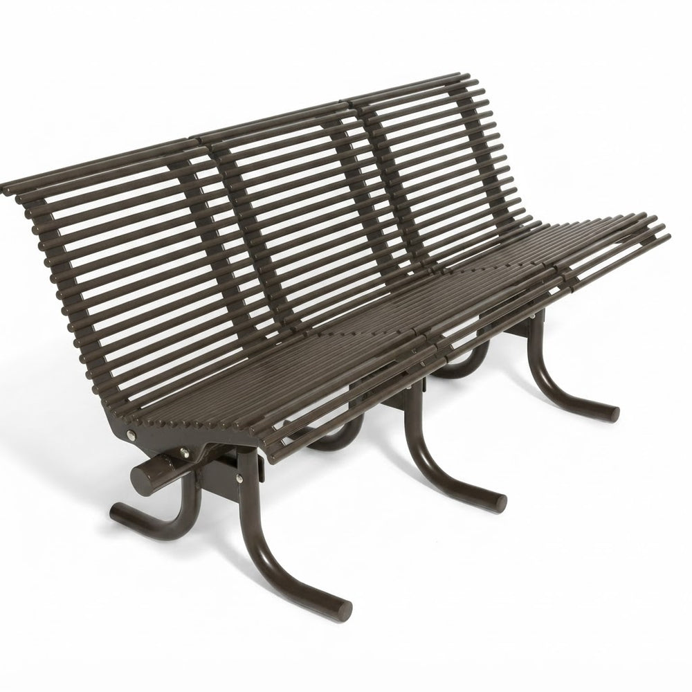 A dark brown metal park bench with a modern slatted back and seat, shown at an angle on a white background.
