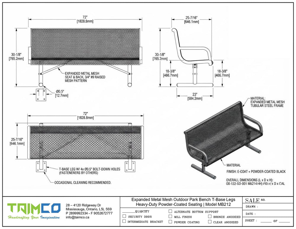 Technical dimension drawing of a metal mesh outdoor park bench by TAIMCO, showing front, side, and top views with measurements, material notes, and a spec sheet block.
