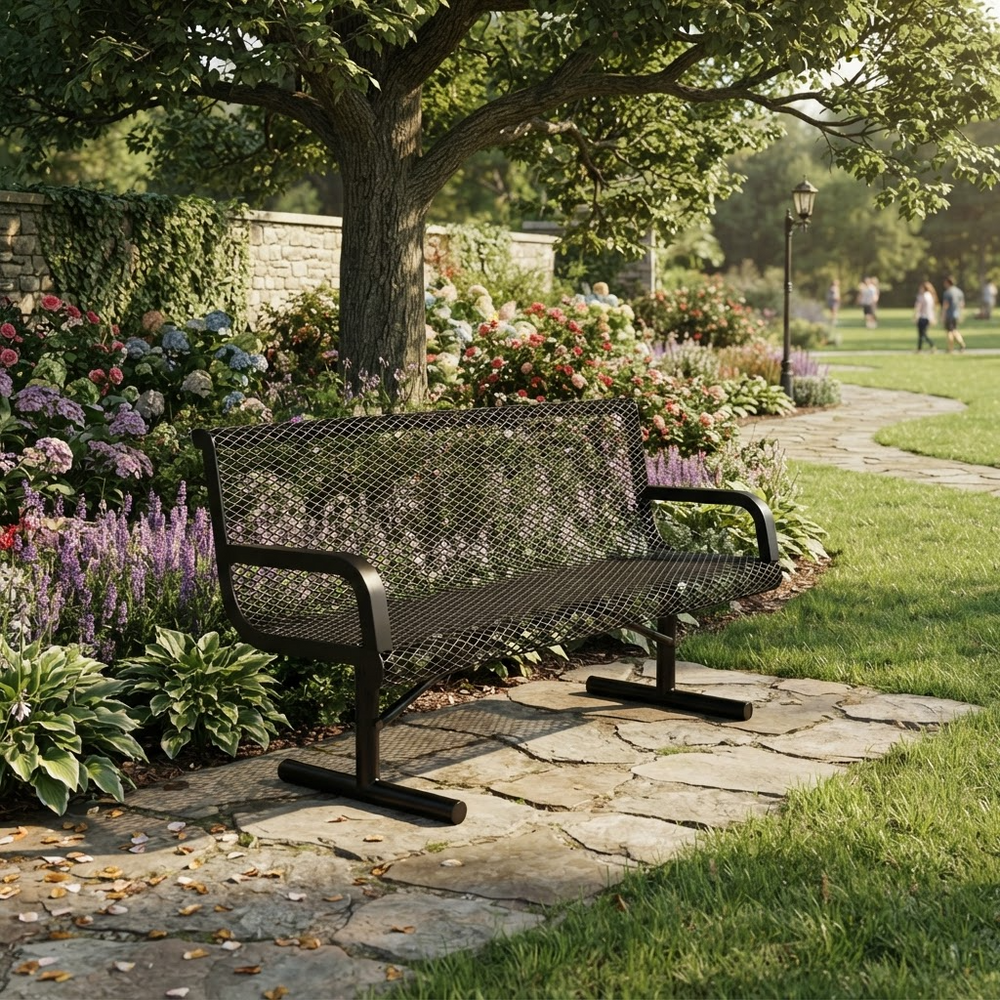 A black metal mesh park bench sits on a stone pathway in a lush, green backyard garden with flowers and a tree in the background.