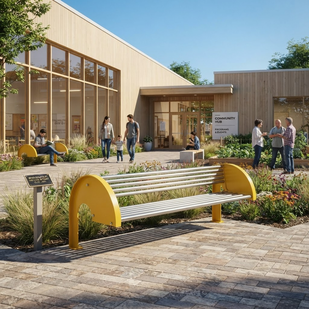 A modern outdoor bench with bright yellow curved armrests and silver metal slats, placed in a landscaped plaza in front of a contemporary wood-and-glass building. Several people are walking and sitting nearby, so this is a Lifestyle image rather than a clean Product/Packaging shot.