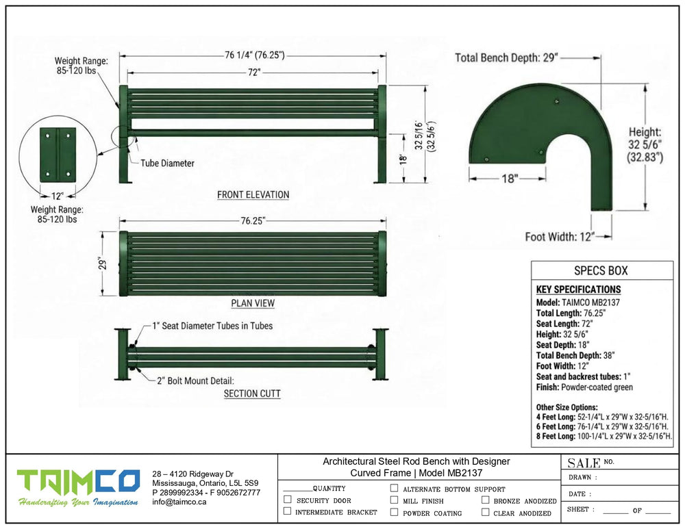Technical dimension drawing of a green curved steel roof bench with front elevation, plan view, section cut, and specifications box on a white background.