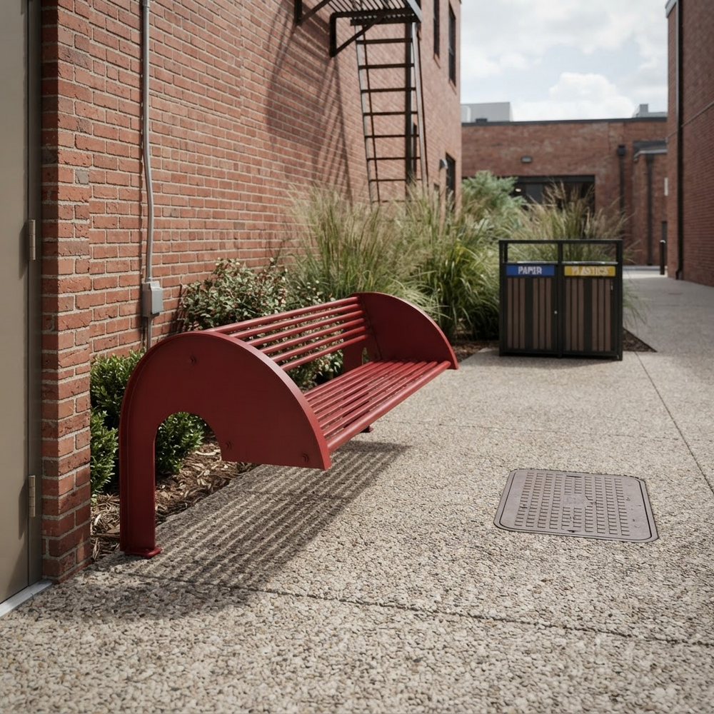 A red metal bench with a curved backrest and slatted seat sits on a concrete walkway beside a brick building, with tall ornamental grasses and a dark trash bin in the background.
