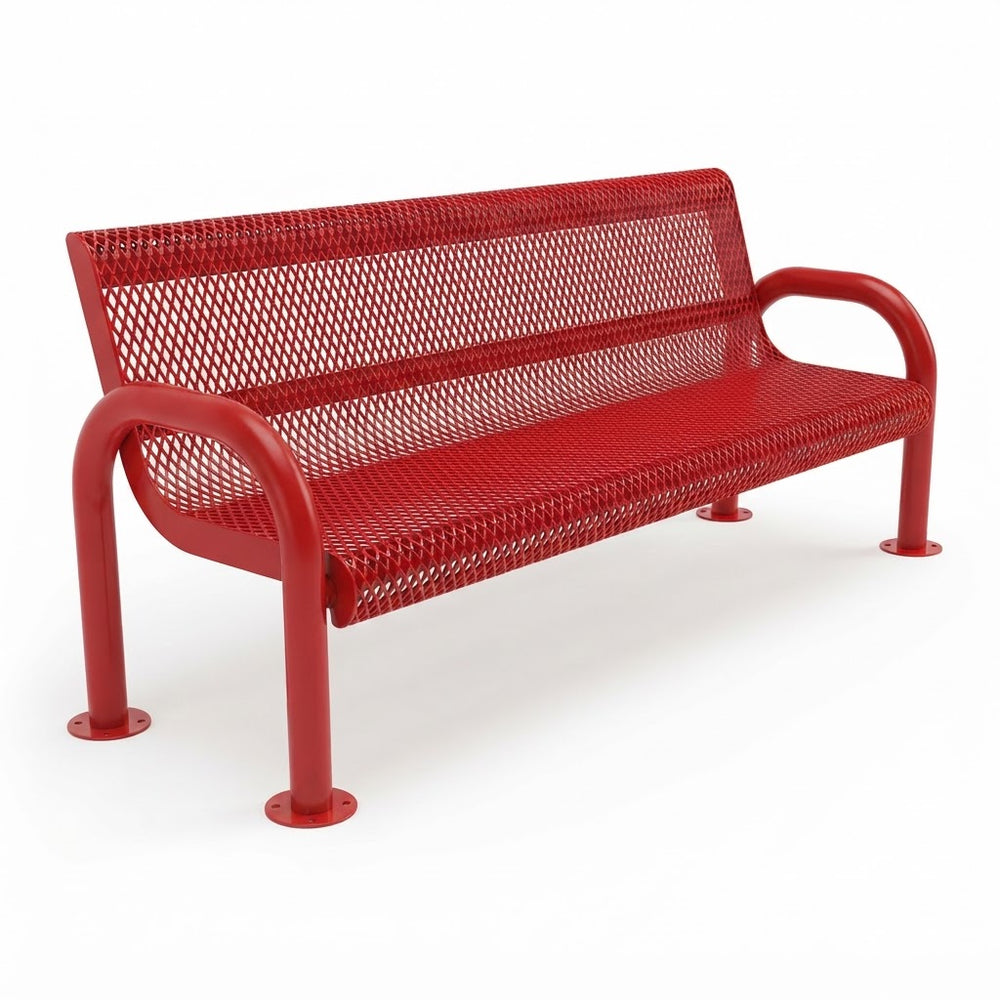 A red metal mesh bench with curved armrests and round base feet, shown on a clean white background.