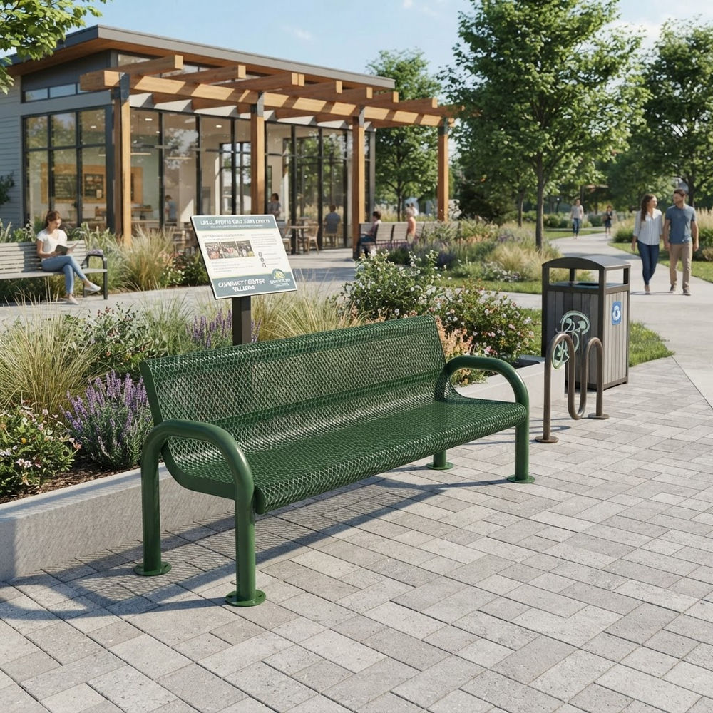 A green metal mesh park bench in the foreground of a modern outdoor plaza, with a trash can, landscaped planters, and a contemporary pavilion in the background. A few people are visible walking and sitting in the distance.