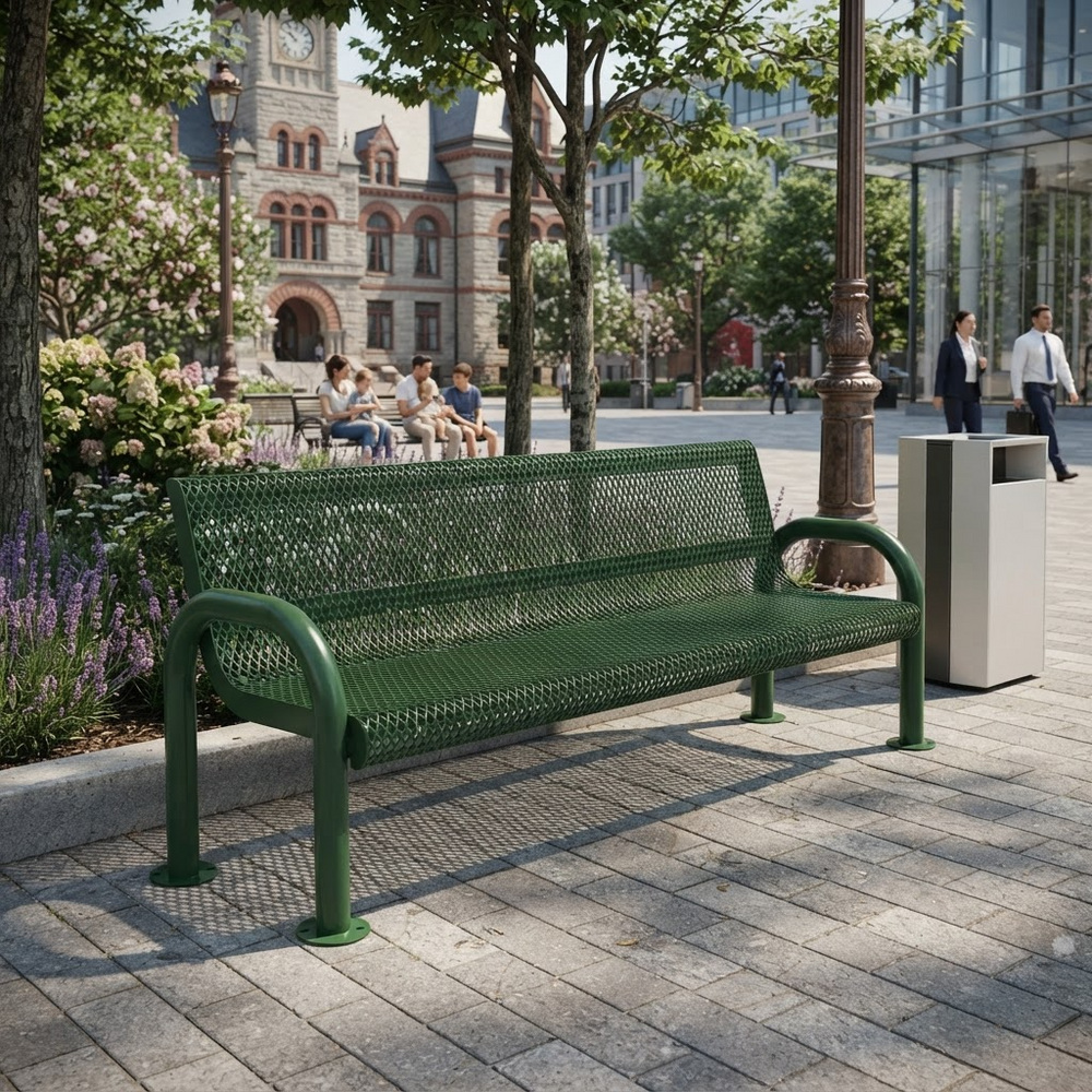 A green metal mesh park bench in an outdoor urban plaza, shown with a trash can, trees, and a historic stone building in the background.