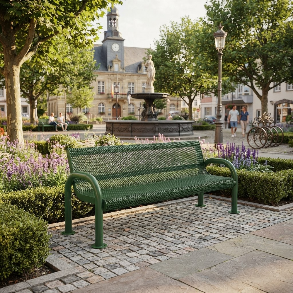 A green metal mesh park bench situated in a beautifully landscaped town square with a fountain, historic building, and trees in the background.