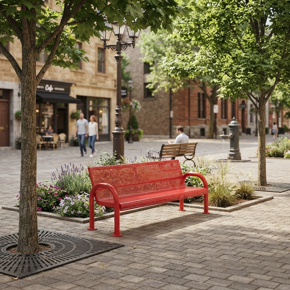 A bright red metal bench with a mesh seat and curved armrests, placed on a paved urban plaza beside trees and flower beds.