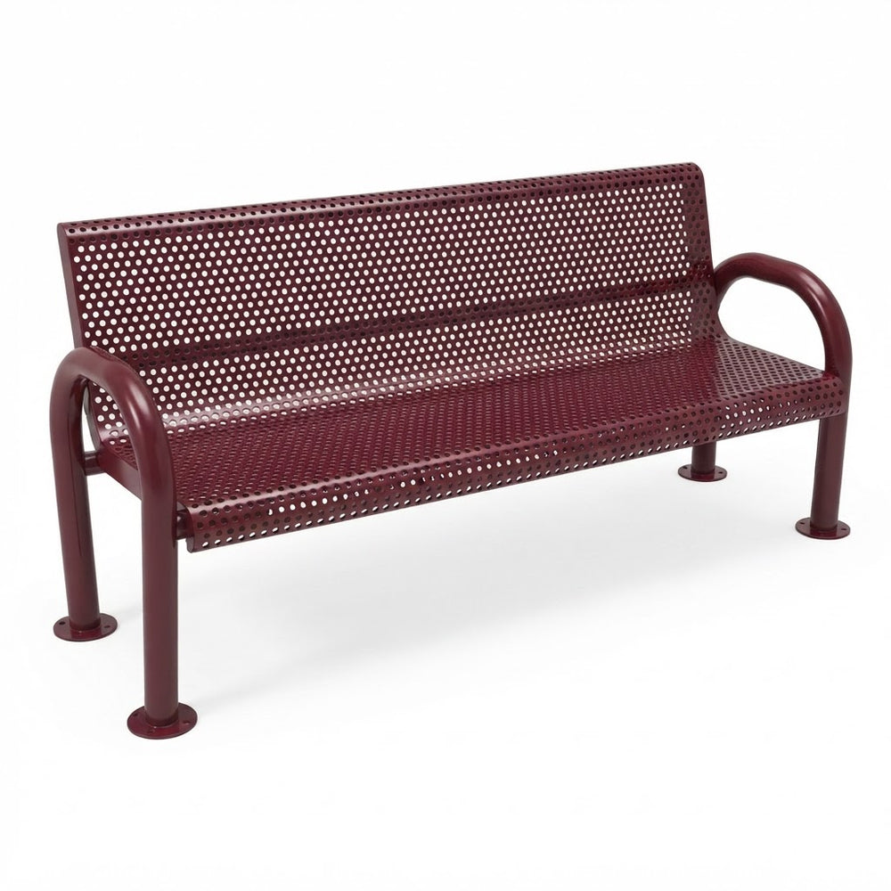 A metal park bench with a perforated mesh backrest and seat, featuring curved armrests and a dark reddish-brown finish, shown on a white background.