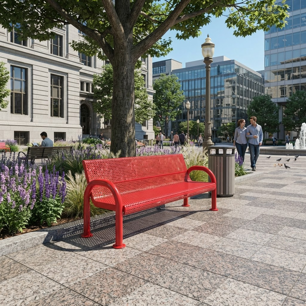 A bright red metal park bench with a perforated slat design, situated in a modern city plaza with a tree, walkways, and pedestrians in the background.
