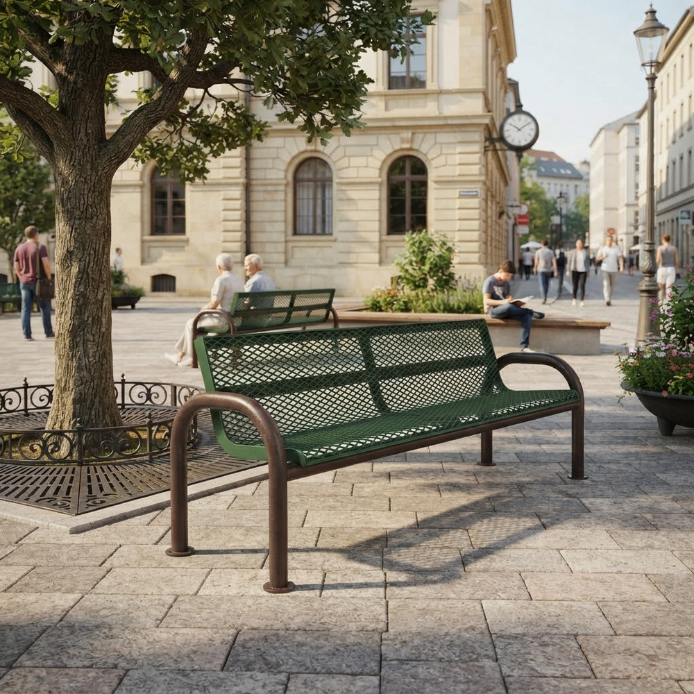 A green metal park bench with a lattice seat and curved armrests, shown in an outdoor urban plaza with people sitting and walking nearby, a large tree, and a stone building in the background.