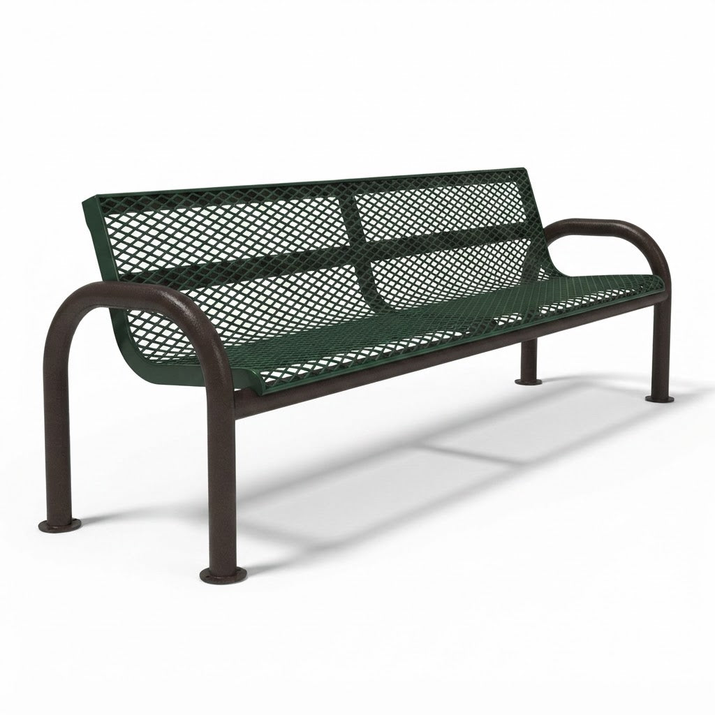 A dark green metal mesh park bench with a dark brown frame, shown at a three-quarter angle on a white background.