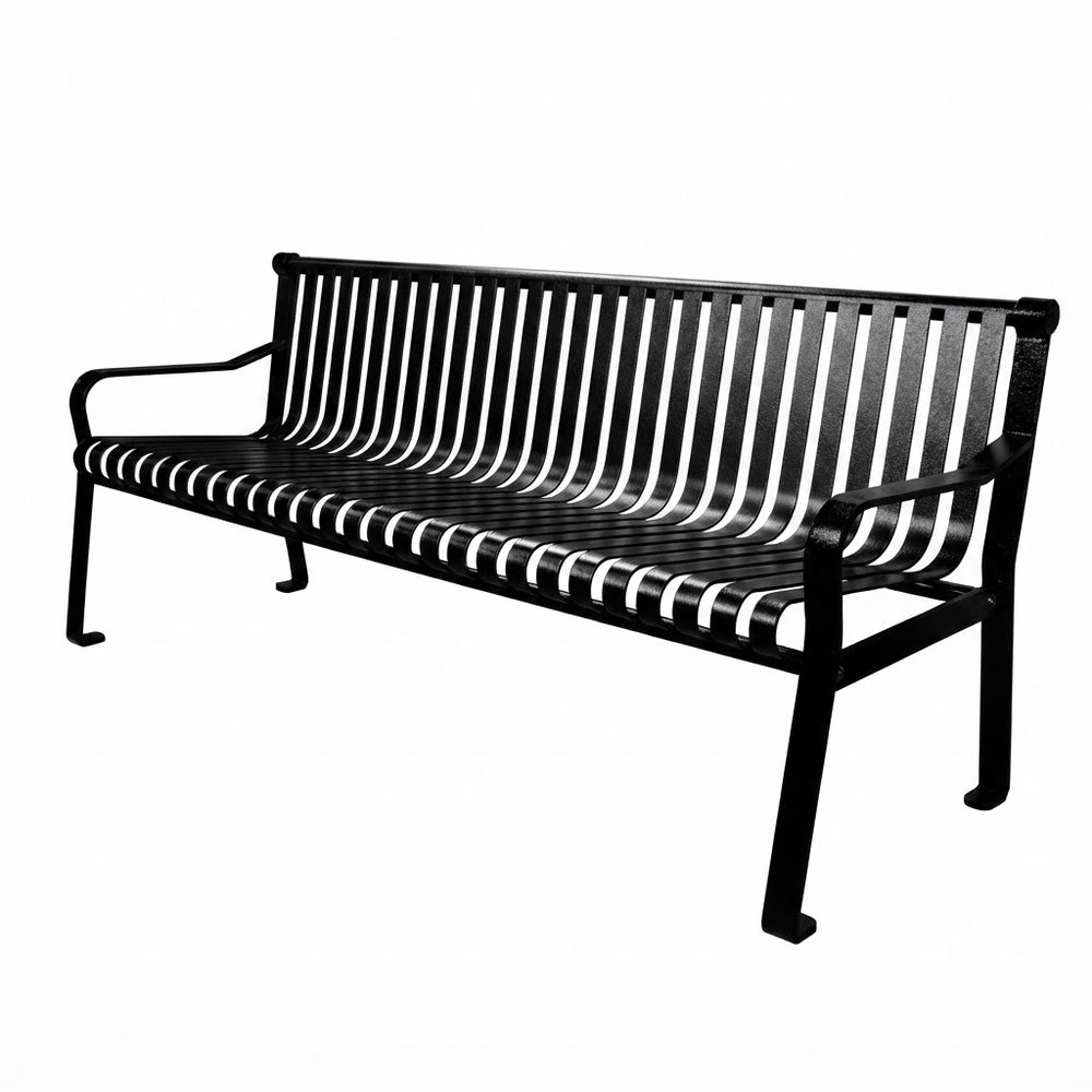A black metal outdoor bench with a slatted back and seat, shown at a three-quarter angle on a plain white background.