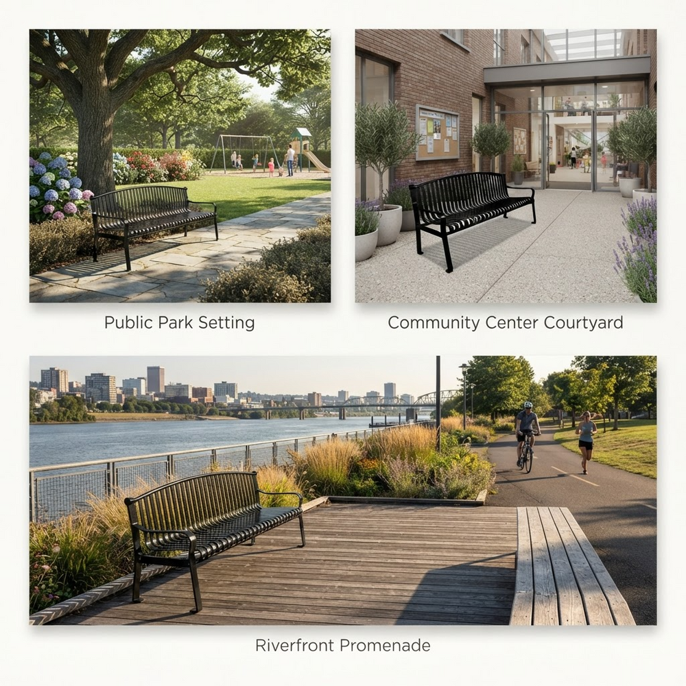 A three-panel collage showing a black slatted park bench in different real-world settings: a public park with trees and a playground, a community center courtyard, and a riverfront promenade with a city skyline in the background. Text labels identify each scene.