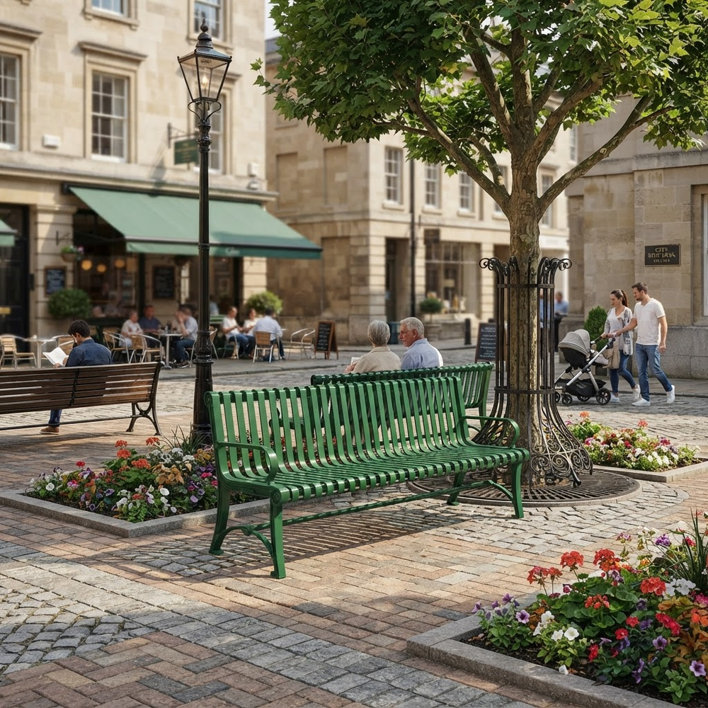 A green metal park bench is shown in a real outdoor plaza with stone paving, a tree, flower beds, and people walking and sitting nearby. Because a real environment and people are present, this is Lifestyle rather than Product/Packaging.