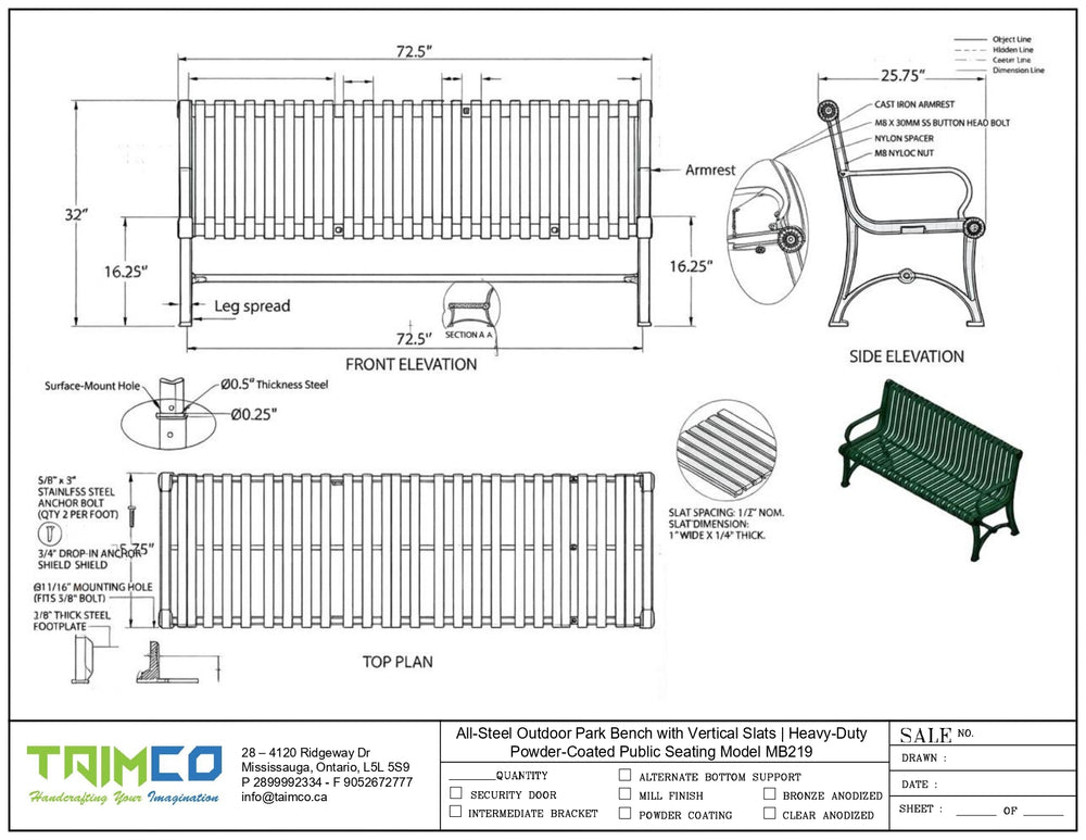 Technical blueprint and dimension drawing of an all-steel outdoor park bench with vertical slats, showing front elevation, top plan, side elevation, measurements, and a small rendered bench view on a white background.