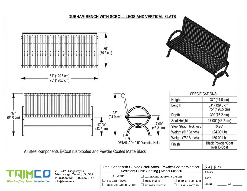 Technical specification sheet for a Durham bench with scroll legs and vertical slats, showing multiple line drawings, dimensions, a detail view, and a black powder-coated bench photo on a white background with Trimco branding.
