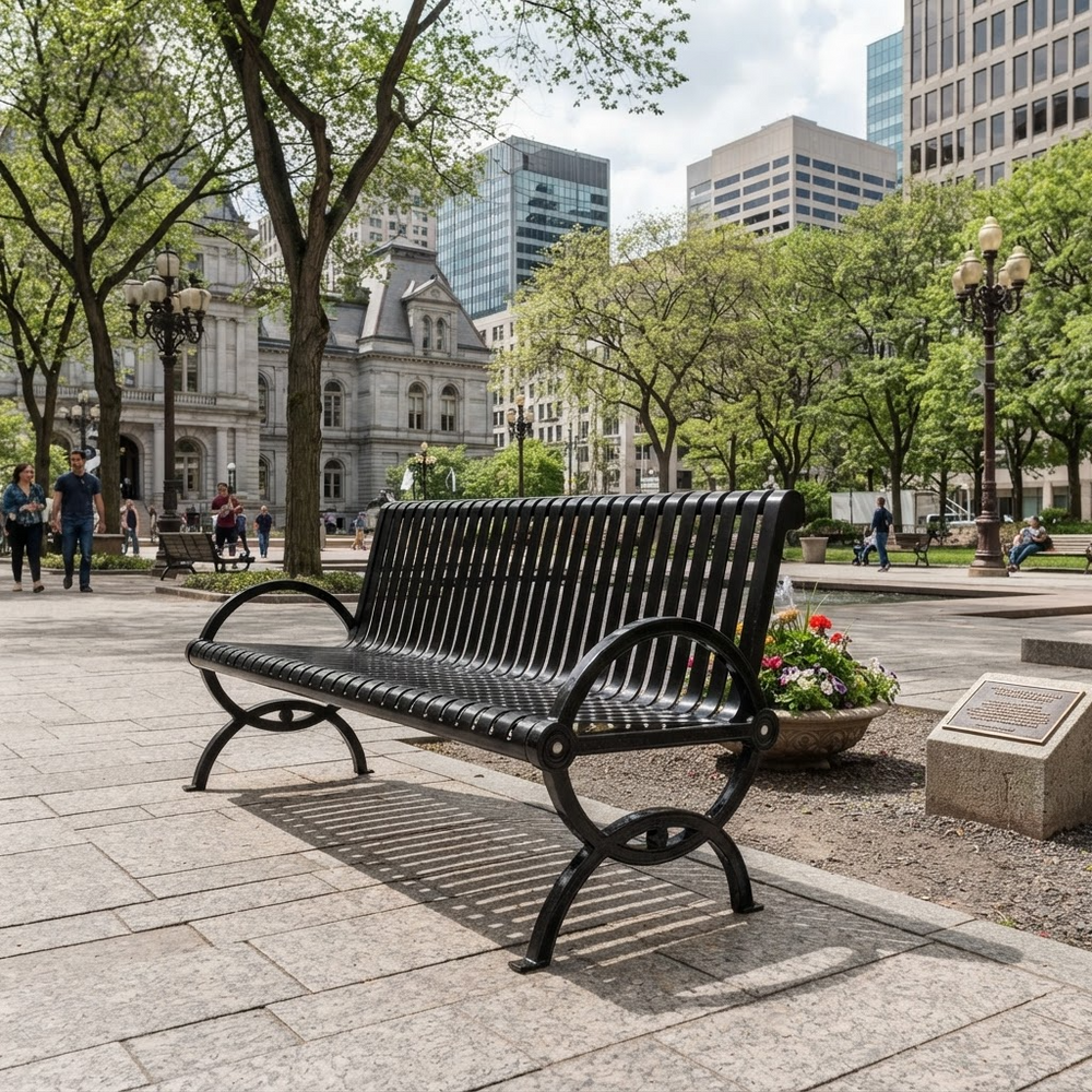 A black metal park bench with curved armrests and slatted back, situated on a stone plaza in a city park with trees, pedestrians, and buildings in the background.