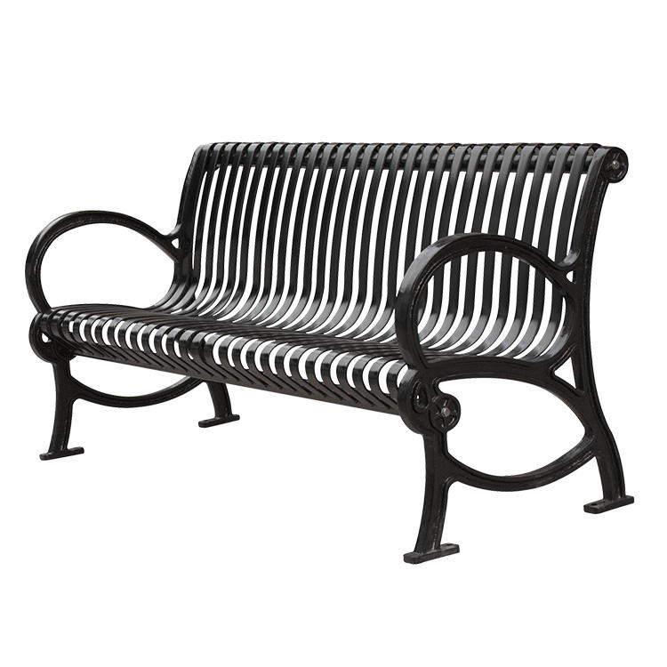A black metal park bench with a slatted back and seat, curved armrests, and a sturdy frame, shown on a plain white background.