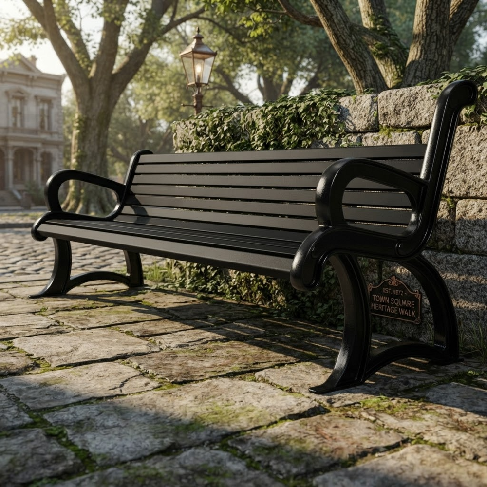 A black metal park bench with curved armrests sits on a stone paved walkway beside a stone wall and trees in an outdoor setting.