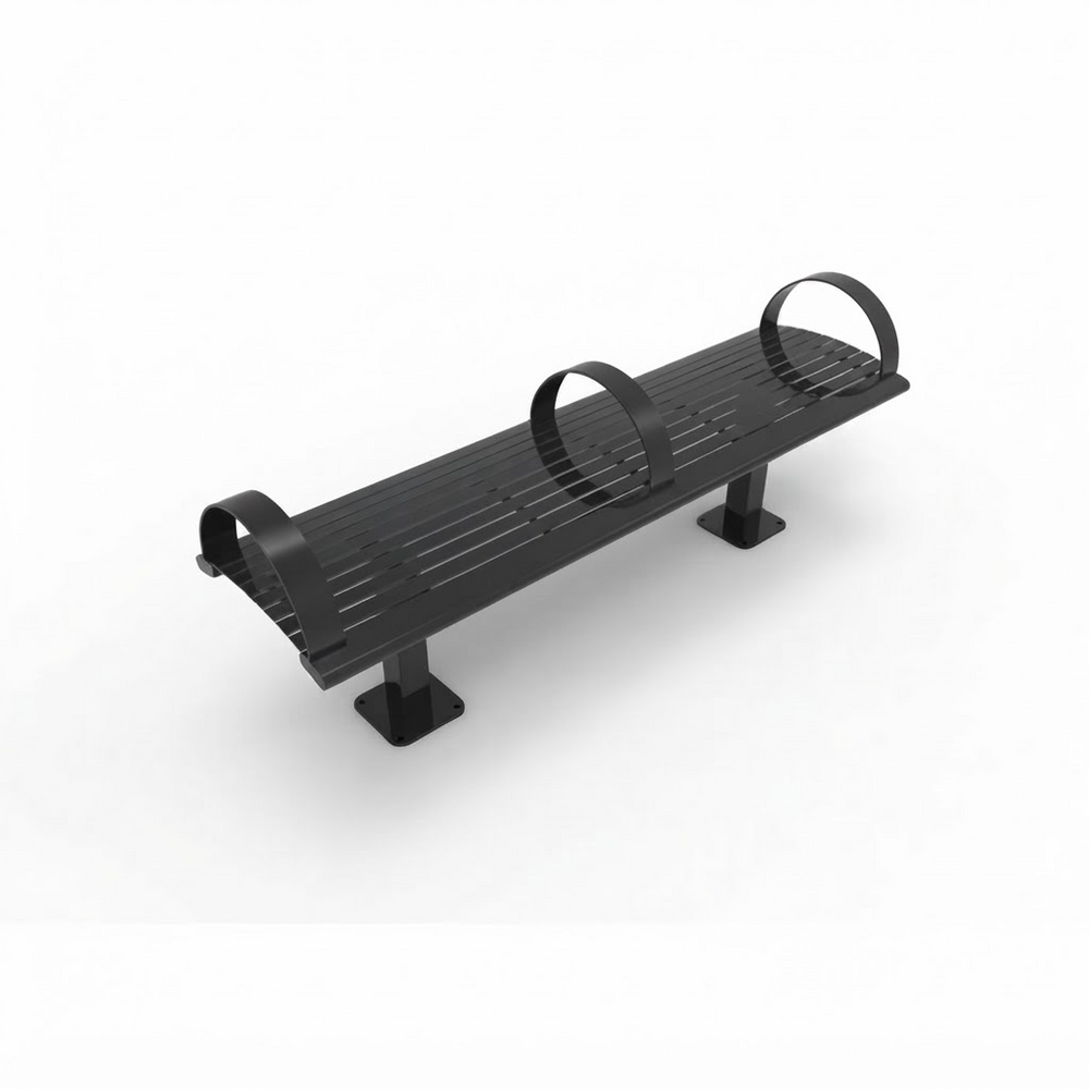A black metal park bench with two integrated circular ring seats, shown at an angle on a clean white background.